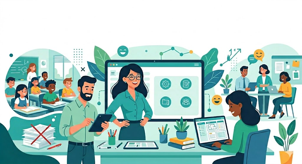 EdTech illustration with digital learning, classroom, and collaboration